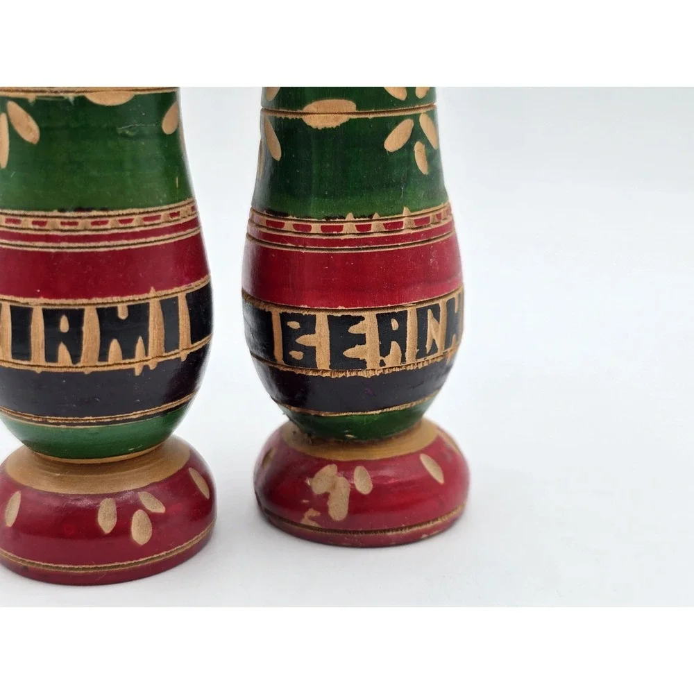 Unique vintage multi color stained wood carved Miami Beach salt & pepper shakers